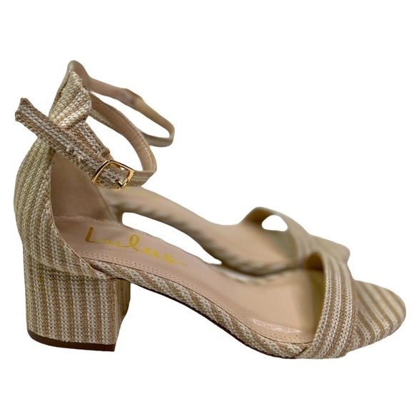 Lulu’s Harper Stripe Camel Striped Ankle Strap Women’s Heels - Picture 1 of 8